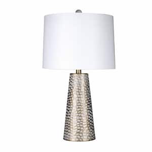25 in. Gold and White Hammered Metal Indoor Table Lamp with Decorator Shade