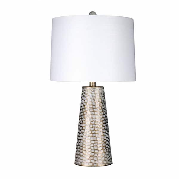 Fangio Lighting 25 in. Gold and White Hammered Metal Indoor Table Lamp with Decorator Shade