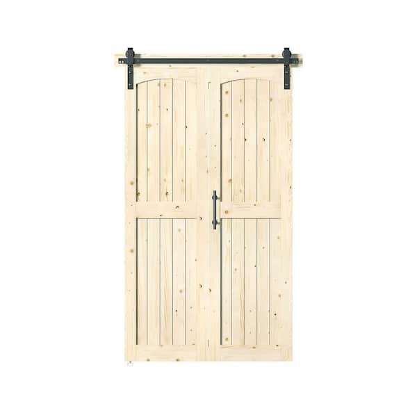 Assembled Arch Top 48 in. x 84 in. Solid Core Knotty Pine Wood Unfinished Bi-fold Door With Hardware Kit