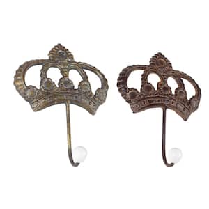 6 in. Distressed Brown and White Iron Metal Crown Wall Hooks (Set of 2)