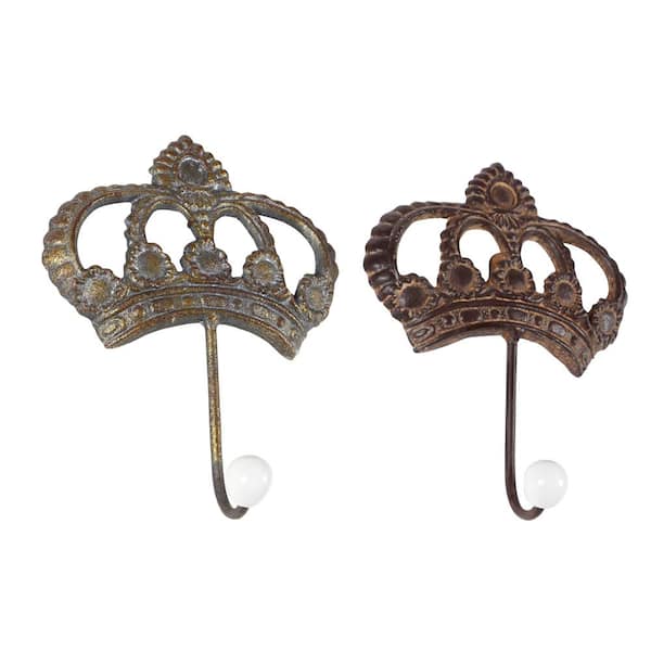 Litton Lane 6 in. Distressed Brown and White Iron Metal Crown Wall Hooks (Set of 2)