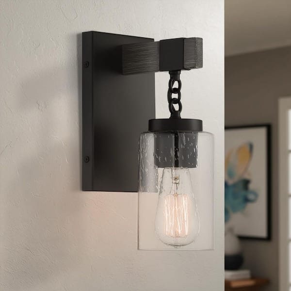 Fulton 4 in. 1-Light Matte Black Modern Wall Sconce with Clear Seedy Glass Shade
