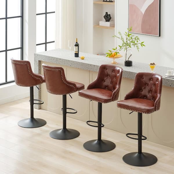 JEAREY Antique Red Adjustable High Back Bar Stool with Black Metal Frame Counter Height Faux Leather Counter Stool (Set of 4)