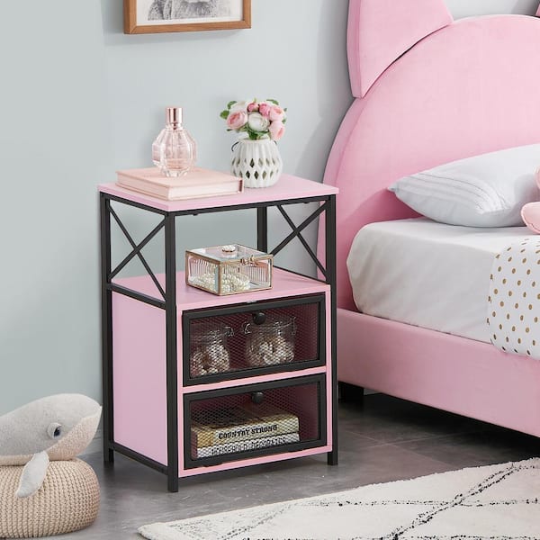 VECELO Modern Night Stand End Side Table with Storage and Door, Nightstands with Drawers for Home, Pink, 23.8"Tx13.8"Wx15.7"L