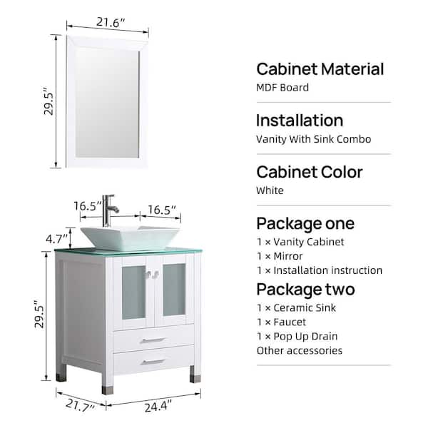 Wonline 24 in. W x 21.7 in. D x 60 in. H Single Sink Bath Vanity in White with Green Glass Top and Mirror