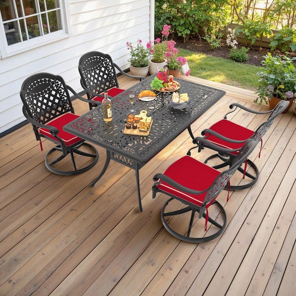 5-Piece Black Cast Aluminum Patio Outdoor Dining Set with Rectangular Table and 4 Swivel Chairs with Red Cushions