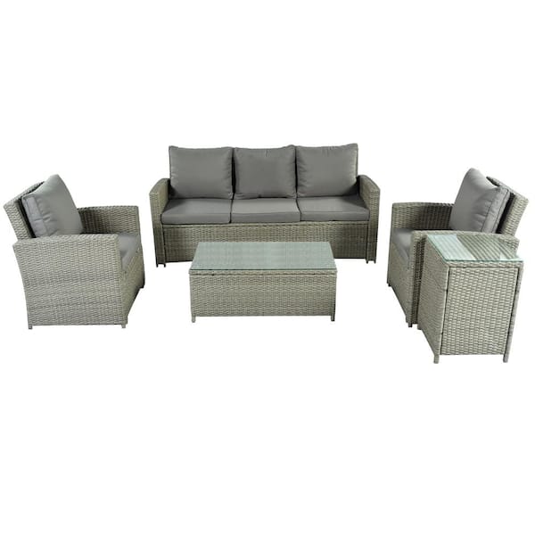 5-piece Wicker Outdoor Patio Conversation Set With Gray Cushions Table 