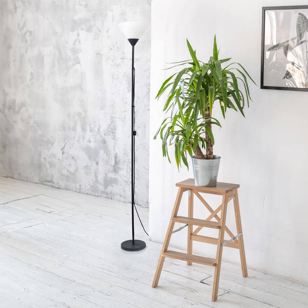 Essentix 70" Black Metal Torchiere Floor Lamp with White Plastic Shade