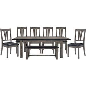 Bramble Hill 8-Piece Weathered Wood Gray Dining Set with Expandable Table 6-Faux-Leather Side Chairs and Bench