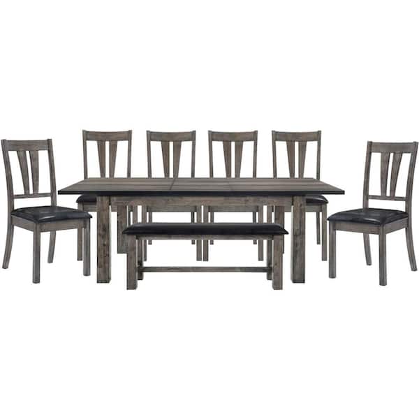 Hanover Bramble Hill 8-Piece Weathered Wood Gray Dining Set with Expandable Table 6-Faux-Leather Side Chairs and Bench