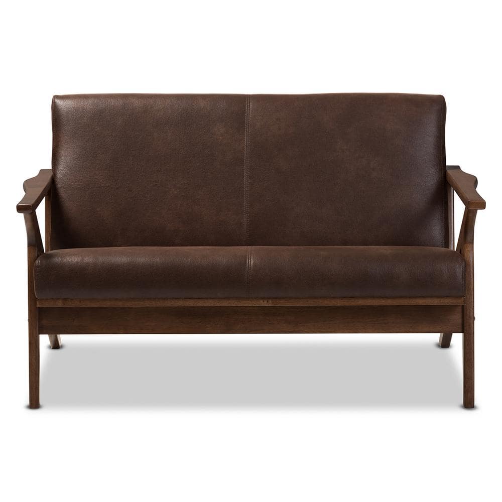 Walnut Wood Dark Brown Faux Leather Tufted Loveseat with Track Arms