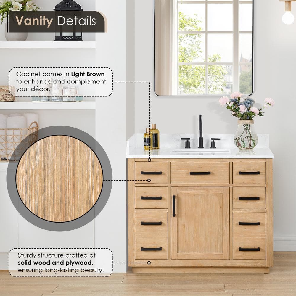 Gavino 42" Light Brown Wood Vanity with Composite Stone Top