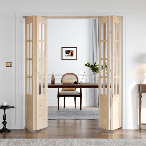 72 in. x 80 in. 3/4 Lite Preassembled Clear Glass Solid Core Wood Spruce Bi-Fold French Door with Hardware