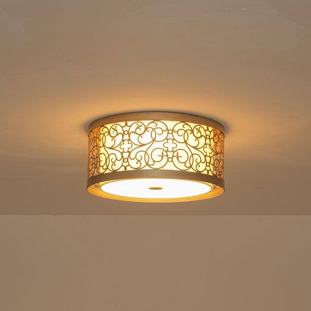 Erona 14.7 in. 2-Light Gold Drum Flush Mount with White Fabric Shade and Frosted Glass price history on PriceWatchPro
