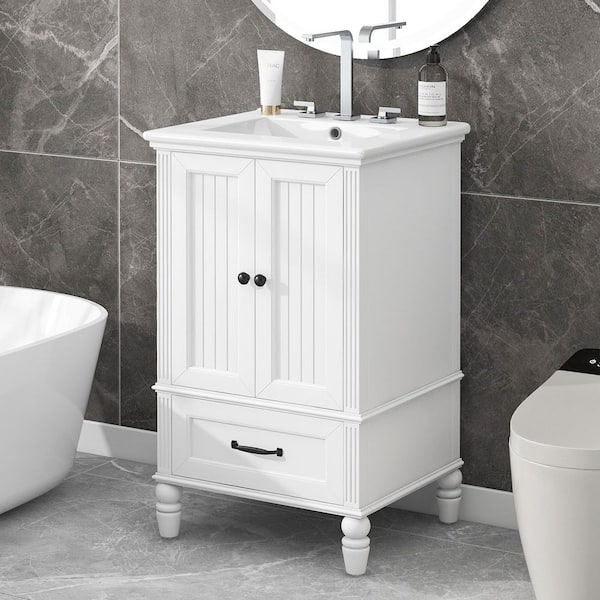 20 in. Freestanding White Bath Vanity with White Ceramic Top Magnetic Door Stopper and Adiustable Foot Pads