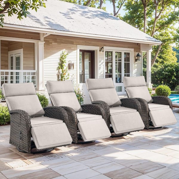 Rotavia Reclining 4-Piece Wicker Outdoor 360° Swivel Recliner with Beige Cushions, Adjustable Backrest and Footreat