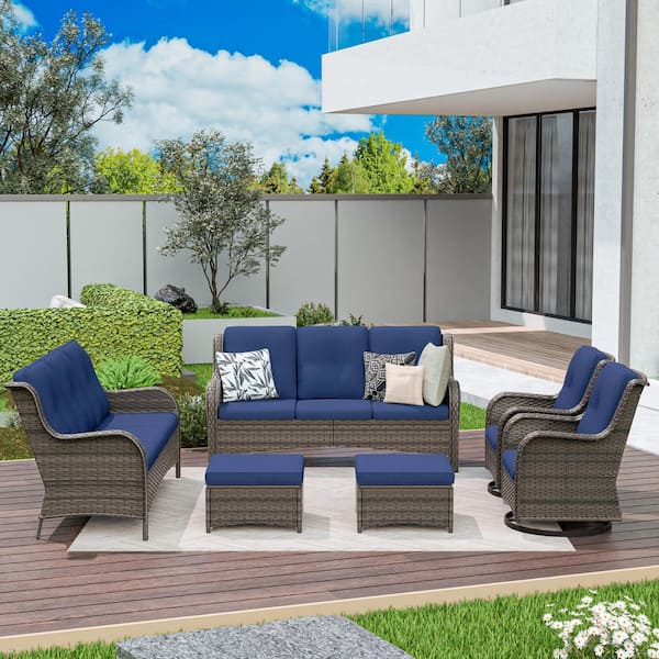 Brown 6-Piece Wicker Patio Conversation Set Rattan Seating Set with Blue Cushion