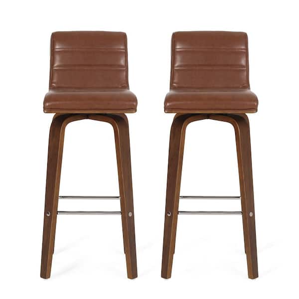Noble House Holdaway 41.00-49.00 in. Cognac Brown and Walnut Channel Stitch Bentwood Swivel Barstools (Set of 2)