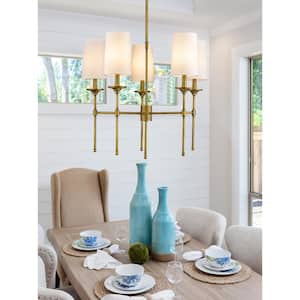 Emily 5-Light Rubbed Brass Chandelier with Off White Cloth Cover Shades