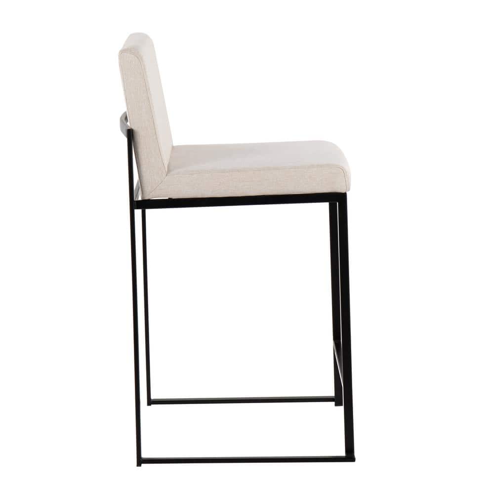 Set of 2 Beige Fabric and Black Steel High Back Counter Stools