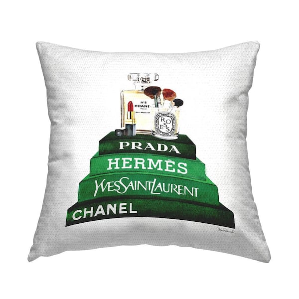 Stupell Industries Makeup Cosmetics Atop Glam Brand Bookstack Green Square Outdoor Throw Pillow