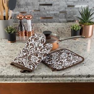Quilted Cotton Chocolate Heat/Flame Resistant Oven Mitt and Pot Holder Set (2-Pack)