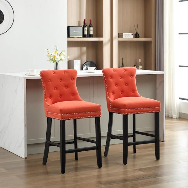 27.56 in. Orange Fabric Upholstered Seat Solid Wood Leg Bar Tool, Breakfast Chairs with Back (Set of 2)