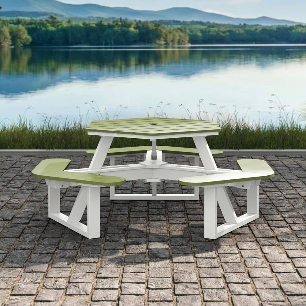 Shoreline 74 in. White / Palm Green Hexagon HDPE Plastic Picnic Table Seats 6 People with Umbrella Hole price history on PriceWatchPro