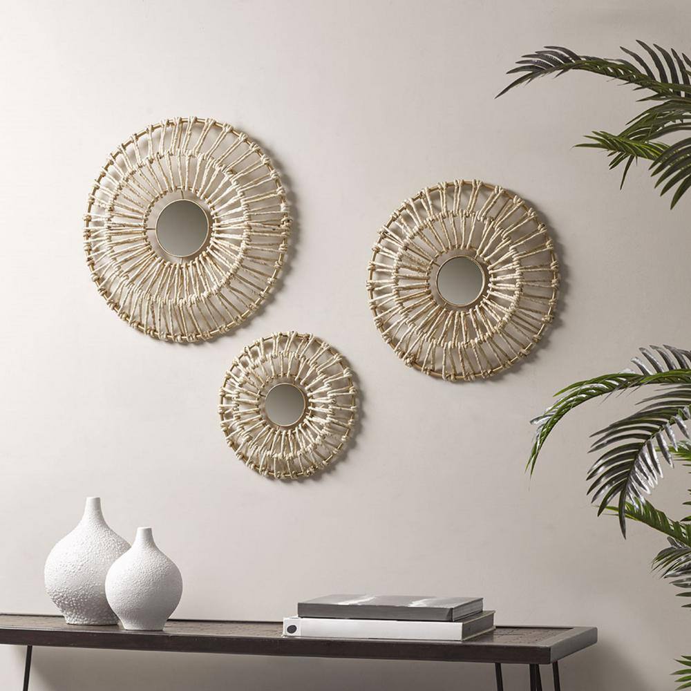 Gold Corn Husk Wrapped Round Decorative Mirror Set