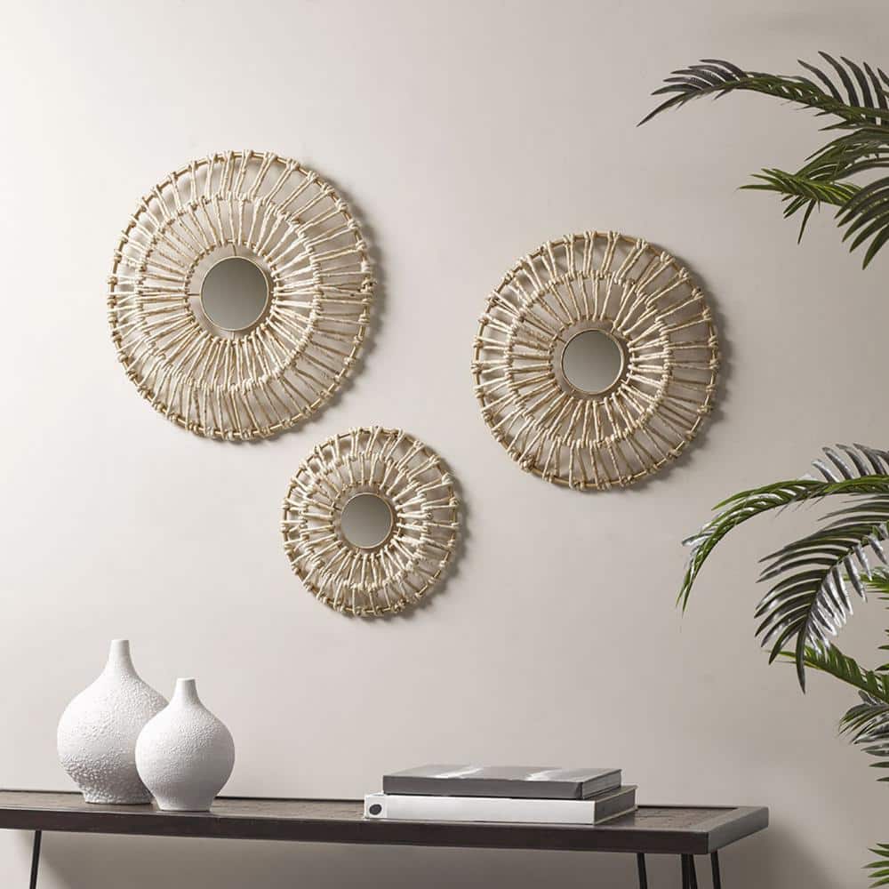 Gold Corn Husk Wrapped Round Decorative Mirror Set