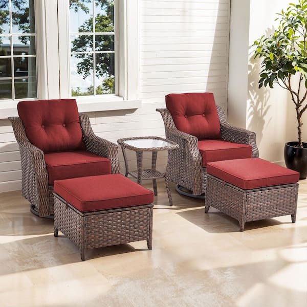Opohoro Artisan Brown 5-Piece Wicker Swivel Rocker Patio Conversation Set with 6 in. Thick Red Cushions for Balcony