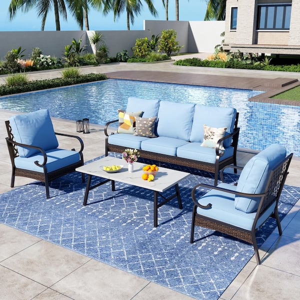 PHI VILLA 4-Piece Black Metal Outdoor Patio Conversation Sectional Seating Set with Marbling Coffee Table and Blue Cushions