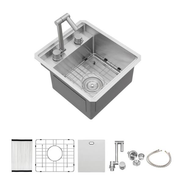 15 in. Undermount Single Bowl Bar Sink with Folding Faucet in Brushed Nickel, 16-Gauge Stainless Steel