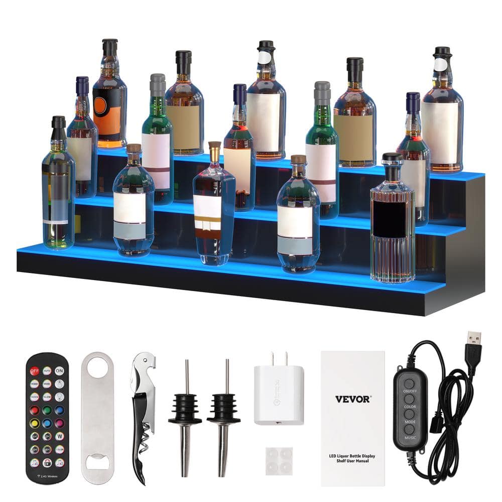 VEVOR LED Lighted Liquor Bottle Display, 3 Tiers 40 in. Illuminated Home Bar Shelf, Acrylic Drinks Lighting Shelf