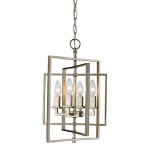 El Capitan 14 in. 4-Light Antique Silver Leaf Pendant Light Fixture with Caged Metal Shade