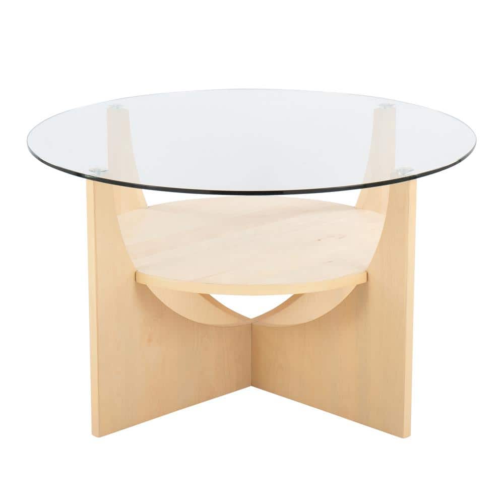 Natural Wood and Clear Glass Round Coffee Table with Floating Shelf