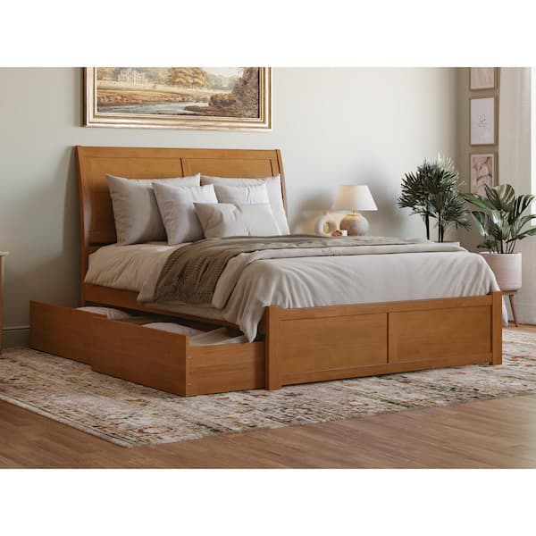 AFI Portland Light Toffee Natural Bronze Solid Wood Frame Queen Platform Bed with Footboard and Storage Drawers