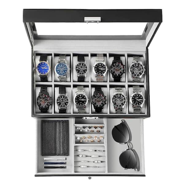 Watch Storage Draw 12-Slot Watch Box Organizer with Glass Lid & Drawer-Leather Case, Black ...