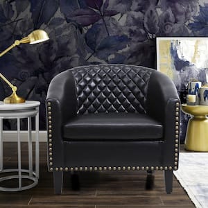 Black Modern PU Leather Upholstered Accent Barrel Chair with Nailheads and Solid Wood Legs