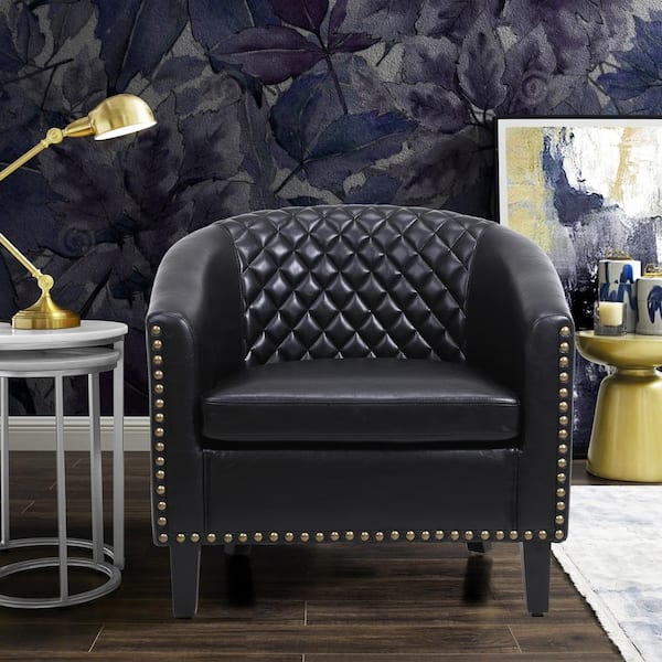 HOMEFUN Black Modern PU Leather Upholstered Accent Barrel Chair with Nailheads and Solid Wood Legs
