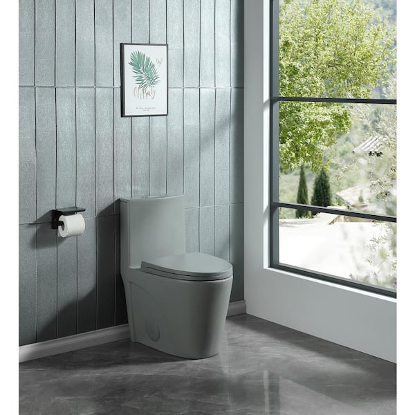 EAKYHOM 12 in. Rough in. One-Piece 1.1/1.6 GPF Dual Flush Elongated 15.6 in. Toilet in Light Gray, Slow-Close Seat Included