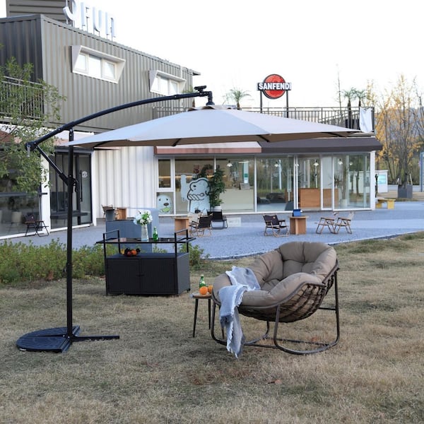 10 ft. Solar LED Cantilever Patio Umbrella Offset Hanging Umbrella Without Base in Khaki