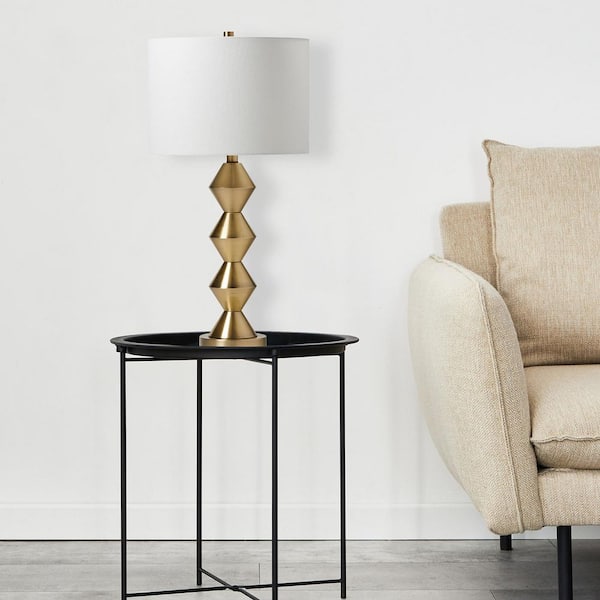 Table Lamp 26.5 in. Satin Brass Finish Contemporary Standard Bulb Geometric Table Lamp for Home w/ White Fabric Shade