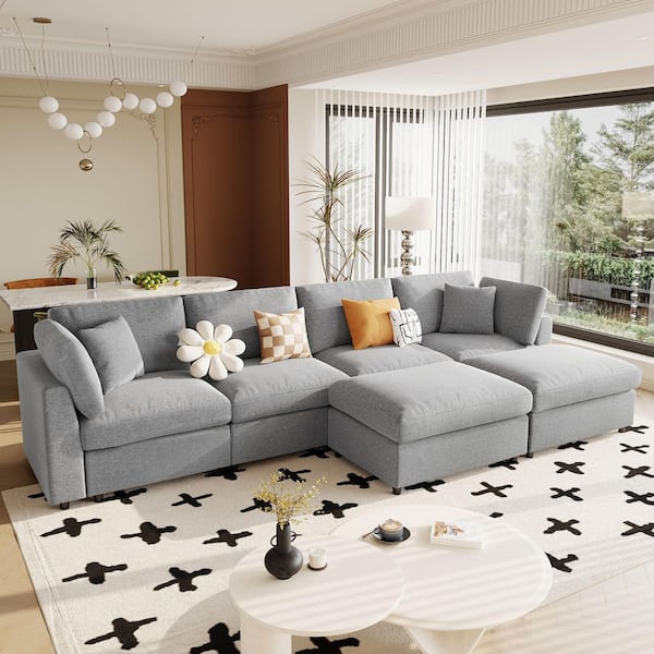134.4 in. Square Arm Polyester Sectional Sofa with Removable Ottomans in. Gray