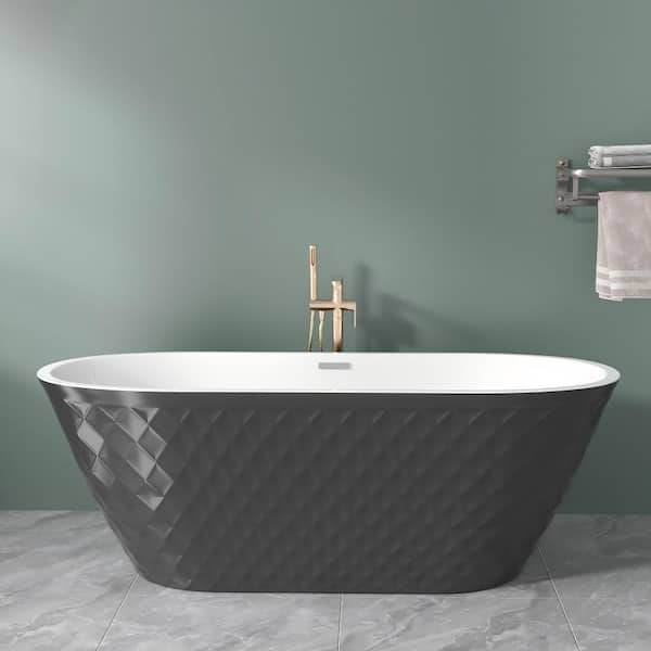 Vomlor 67 in. x 31 in. Acrylic Freestanding Soaking Bathtub with Diamond Wave Pattern in Black with Chrome Pop-Up Drain Bathtub