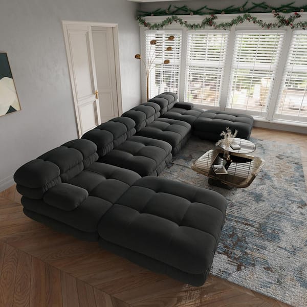 J&E Home 146.4 in. Square Arm Teddy Velvet 6-piece Deep Seat Modular Sectional Sofa with Movable Ottoman in. Black