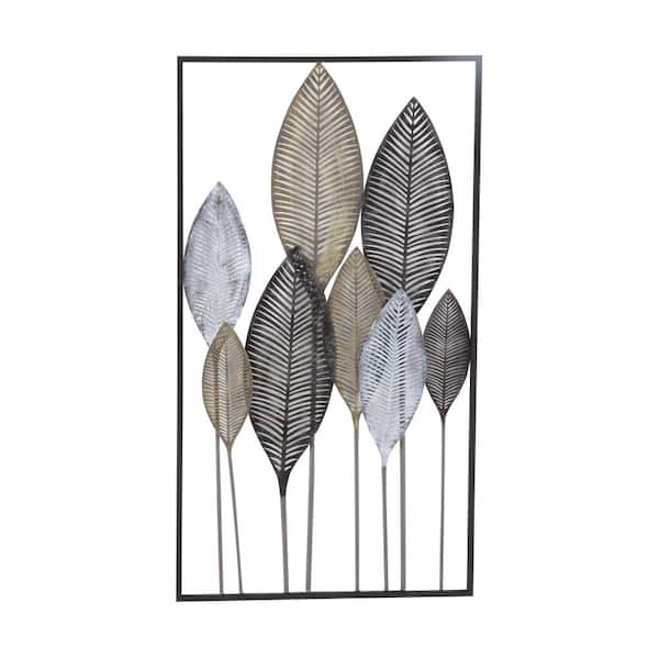 Litton Lane 20 in. x  37 in. Metal Bronze Leaf Wall Decor with Black Frame