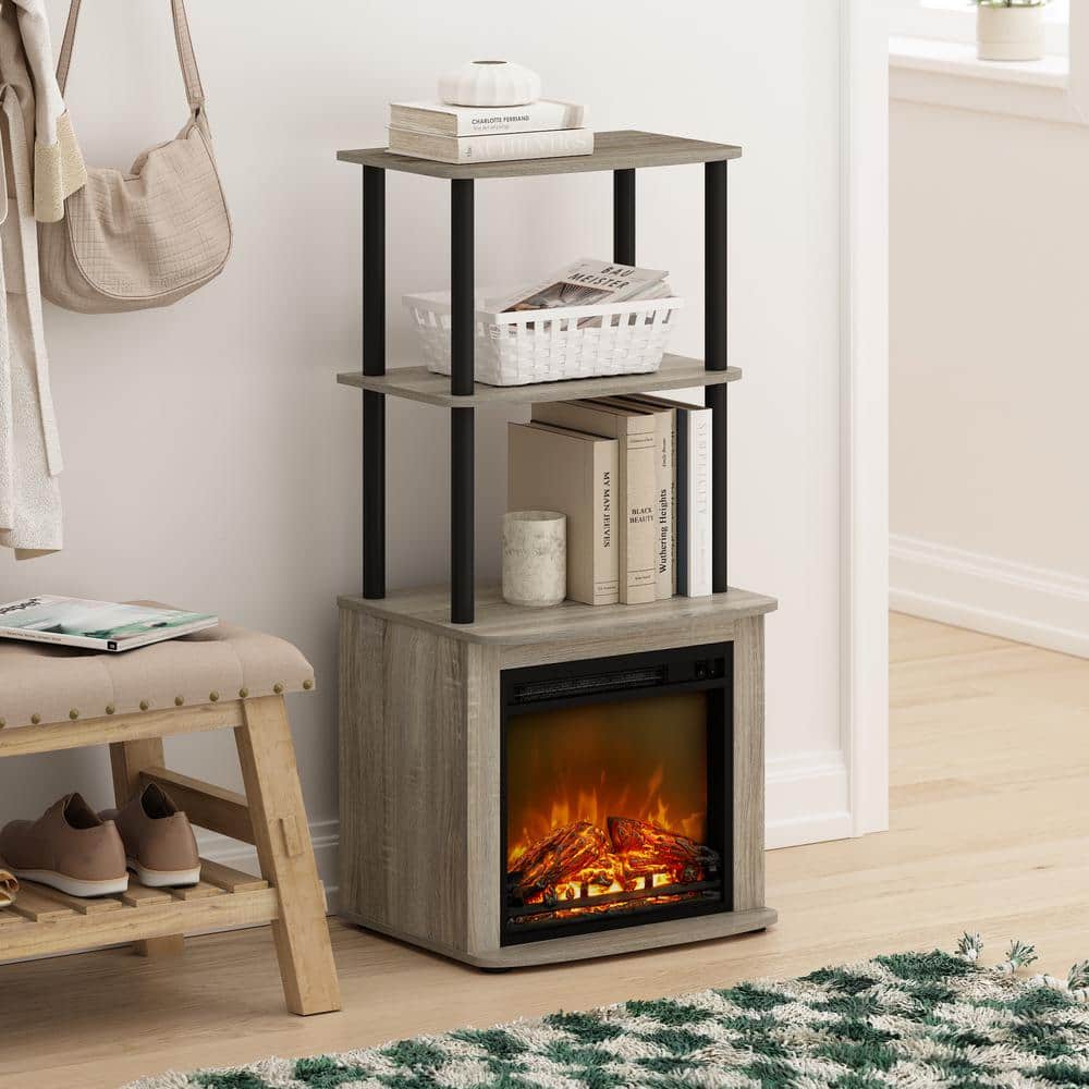 Furinno Turn-N-Tube 18.66 in. Freestanding Wood Electric Fireplace Side Table in French Oak Grey/Black