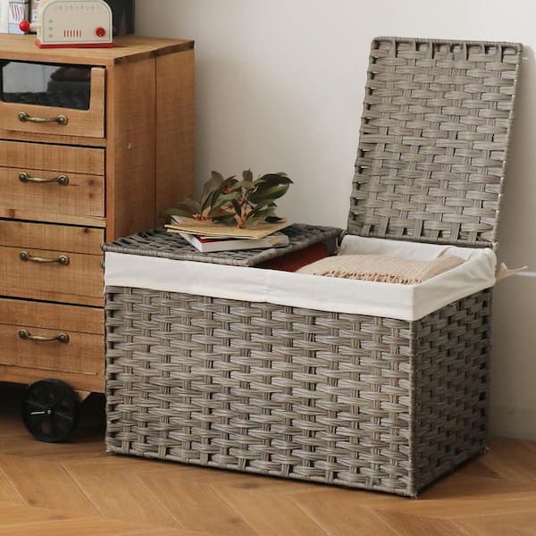 Gray 22 in. x 13.8 in. Polyethylene Decorative Basket with Lid and