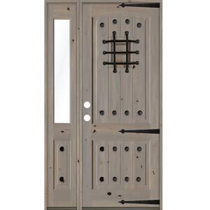 56 in. x 96 in. Mediterranean Knotty Alder Right-Hand/Inswing Clear Glass Grey Stain Wood Prehung Front Door w/Sidelite